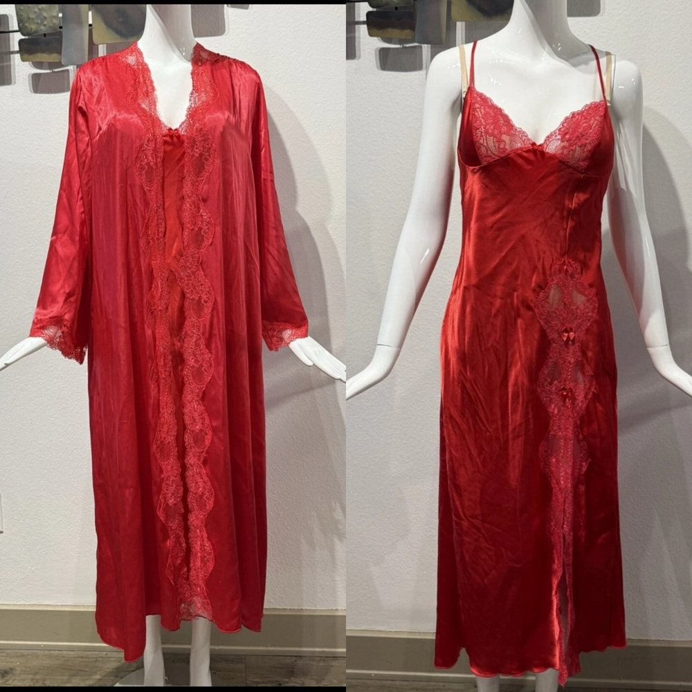 Vintage Shirley Of Hollywood Satin-Silk Feel Sexy Red Long Nightgown & Robe O/S